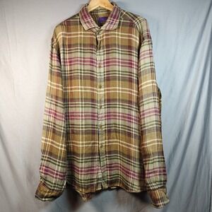 Ralph Lauren Men's Brown Plaid 100% Linen Button Down Shirt Made in Italy XXL